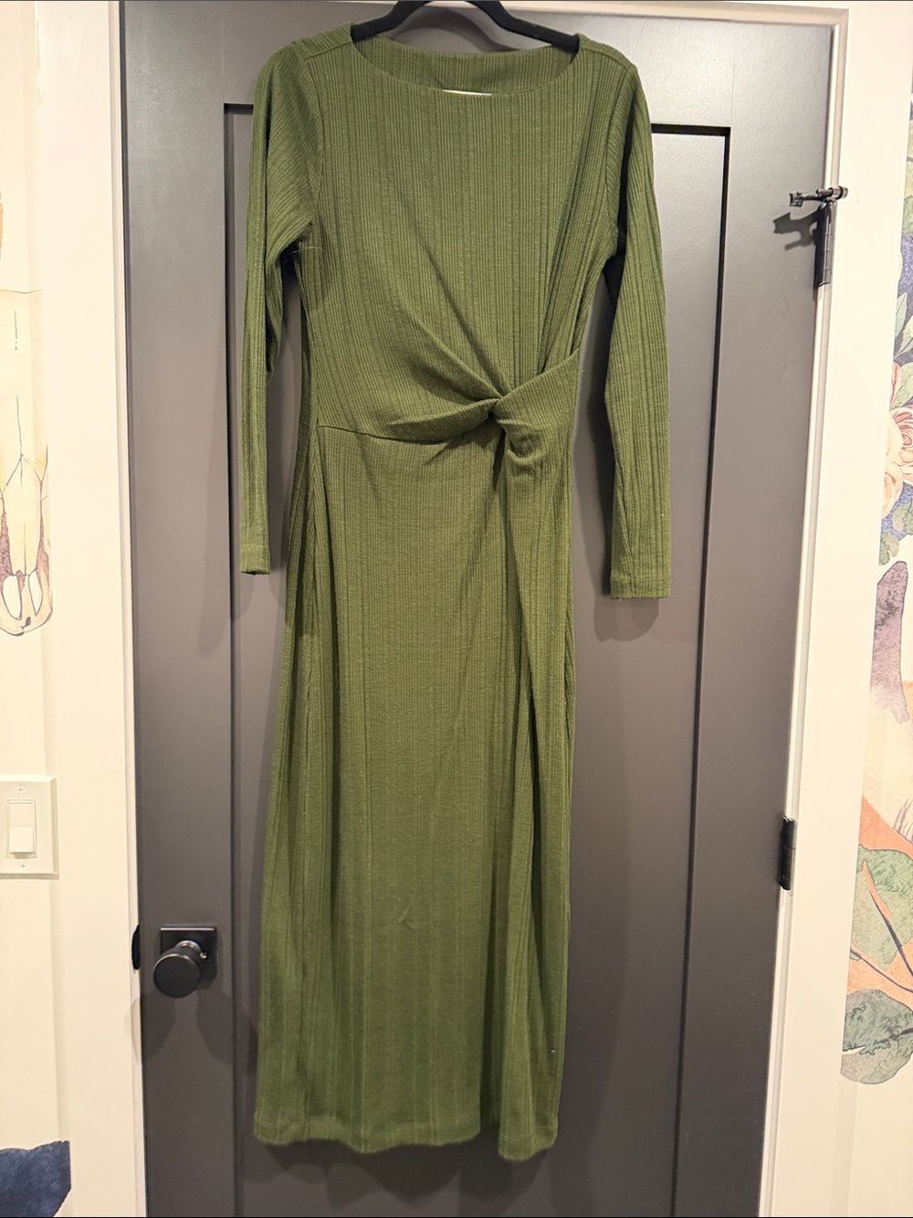 LOFT Olive Ribbed Long-Sleeve Knot-Front Maxi Dress